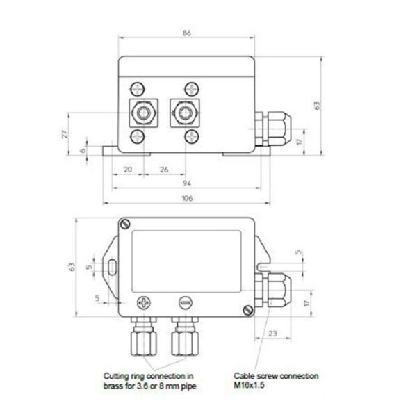 Verschildrukzender FDE28 - Drukverschilzender - 0-10 Volt of 4-20 mA - Inwendig G1/8 of Snijring 6/8 mm - Afbeelding 2