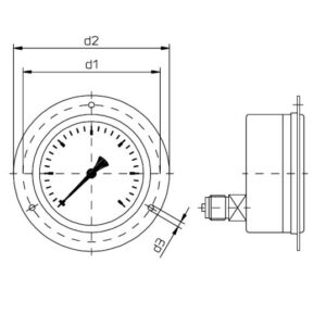 buisveermanometer industrie, 100 mm, 0-1000 bar, achteraansluiting G1/2 met voorflens DRUK