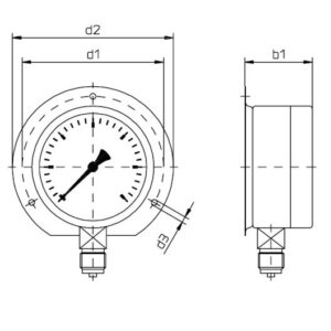 buisveermanometer industrie, 100 mm, 0-1,6 bar, onderaansluiting G1/2 met wandflens DRUK
